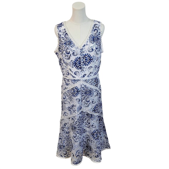 Taylor Dresses & Skirts - Taylor Blue White Floral Lace V-Neck Midi Dress Sleeveless Size 14 1430M Cottage